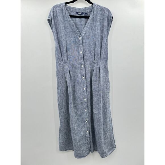 Lands' End 100% Linen Midi Shirt Dress Sz L (14-16) Chambray Blue Pockets Beachy - Picture 3 of 12
